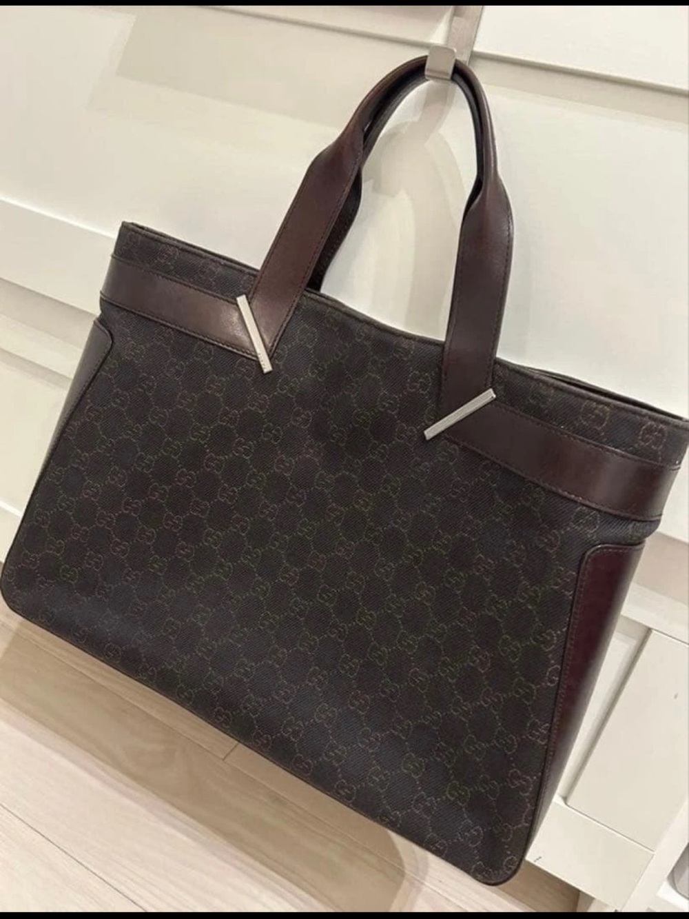 Gucci Brown Monogram Canvas Tote with Dark Brown Leather Trim